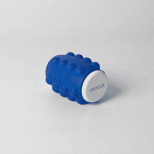 A blue Whirl Popper Spinner with a white top and bottom, featuring a logo on one side.
