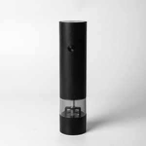 A rechargeable salt and pepper grinder in black with a transparent base, featuring a control knob and a logo.