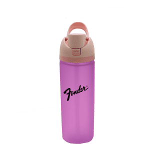 A drink bottle in pink with a beige lid, featuring a logo. Suitable for various beverages.