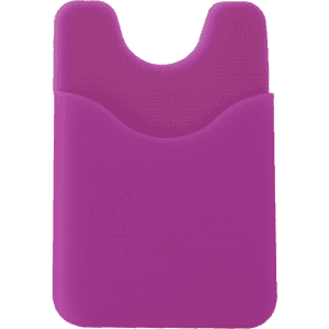 A purple wallet designed to hold a phone, featuring a slot for cards, with a logo embossed on the surface.