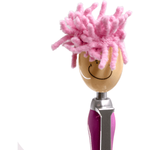 A pen featuring a smiley face and a pink mop head, with a stylus at the top.