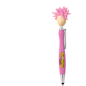 A pink pen with a mop head topper, featuring a smiling face and a clip. It includes a stylus at the opposite end.
