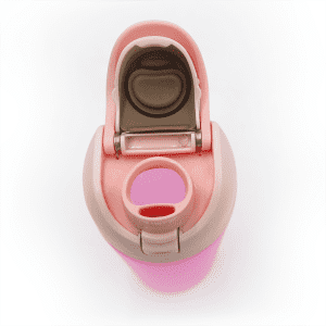 A drink bottle in pink and beige with a flip-top lid and integrated straw. It has a logo on the side.