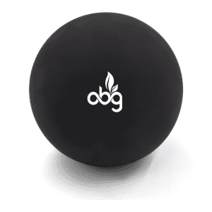 A black high bounce ball with a logo. The surface appears smooth and rounded, ideal for fun and games.