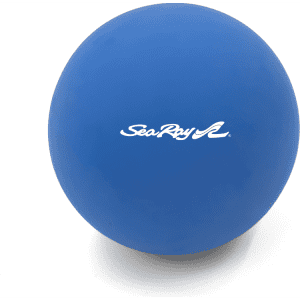 A blue high bounce ball with a logo. The surface is smooth and round, designed for fun and games.