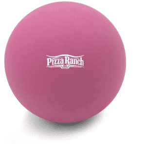 A pink high bounce ball with a logo on one side, designed for fun and games.