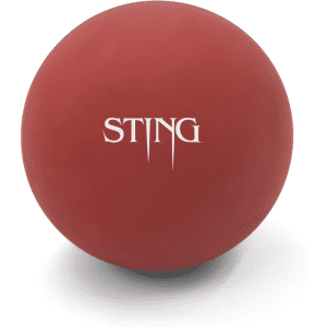 A red high bounce ball with a logo on it, designed for fun and games.