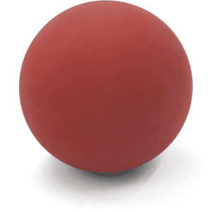 A red bouncy ball with a smooth surface, featuring a simple design and a logo.