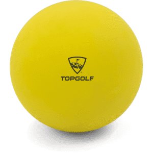 A bright yellow high bounce ball with a logo on one side.