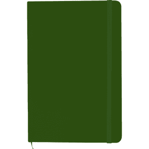 A green A5 notebook with a soft cover, an elastic band, and a ribbon bookmark. It features a logo on the front.