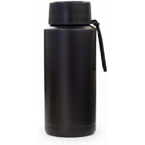 A drink bottle in matte black with a screw top and a strap, featuring a minimalistic design.