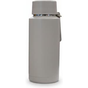 A drink bottle in light grey with a screw-top lid and a silver interior, featuring a logo.