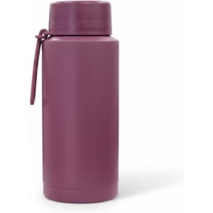 A drink bottle in a muted mauve hue with a sleek design and a carry strap, featuring a logo.