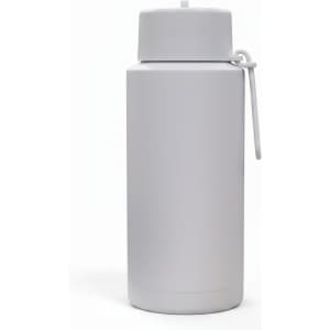 A drink bottle in smooth white with a secure cap and loop for carrying. It features a logo.