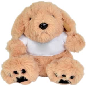 A plush toy dog in light brown with a white shirt and black paw details, featuring a soft, fluffy texture.