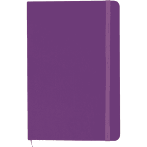 A purple A5 notebook with a soft cover and an elastic band closure. It features a ribbon marker and has a logo.