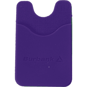 A purple phone wallet with a textured surface and a slot for cards, featuring a logo.