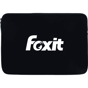 A black laptop sleeve featuring a white logo. The sleeve has a zip closure and is sleek in design.