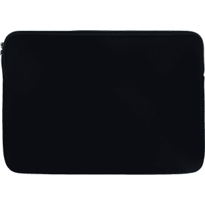 A black laptop sleeve with a zip closure and a smooth surface. Features a branding logo.