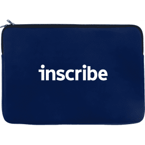 A navy laptop sleeve with a zip closure and a prominent logo on the front.