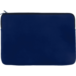 A navy blue laptop sleeve with a zip closure, featuring a subtle branding logo.