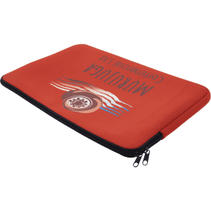 A red laptop sleeve with a zip closure and a logo, featuring a graphic design on the front.