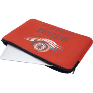 A red laptop sleeve with a design featuring stripes and a logo, accommodating a white laptop.