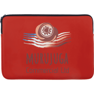 A red laptop sleeve featuring a logo on the front, designed for protecting laptops.