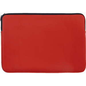 A red laptop sleeve with a black zip closure and a smooth exterior. It features a logo on the front.