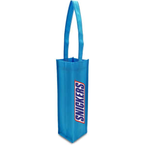 A blue non-woven single wine tote bag with a long handle and a logo.