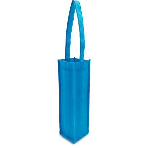 A bright blue non-woven single wine tote bag with a long handle and a logo.
