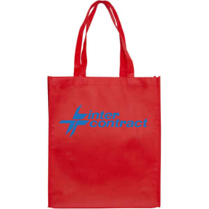 A red large shopping tote bag with a gusset and a logo on the front.