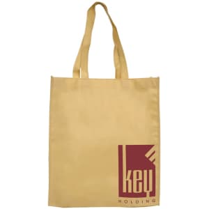 A large yellow shopping tote bag with a gusset, featuring a logo on one side. Handles for easy carrying.