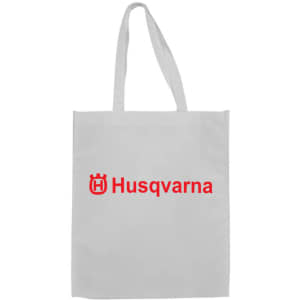 A large white shopping tote bag with a gusset and logo displayed prominently in red.
