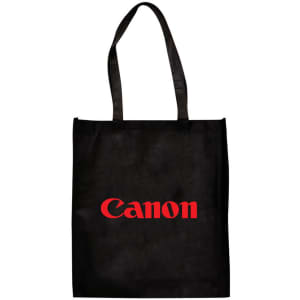 A large black shopping tote bag with a gusset and a logo in red. It features two sturdy handles.