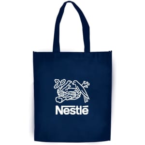 A navy large shopping tote bag with gusset and a logo design.