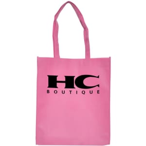 A pink shopping tote bag with a gusset and a logo featuring "HC BOUTIQUE" in black.