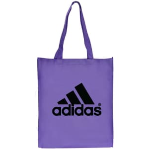 A large purple shopping tote bag with a gusset and a logo on the front.