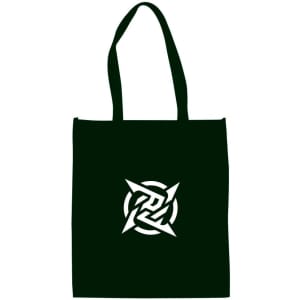 A large black shopping tote bag with a white logo design prominently displayed on the front.