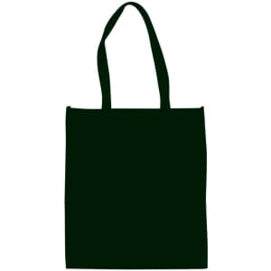 A large black shopping tote bag with gusset and two handles, featuring a logo on the front.