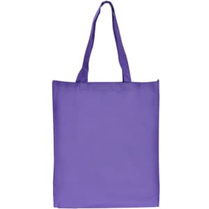 A large purple shopping tote bag with gusset and two sturdy handles. It features a branding logo.