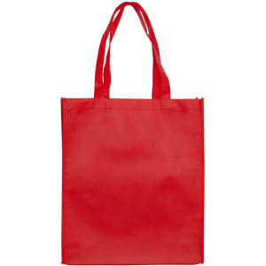 A large red shopping tote bag with a gusset and two handle straps. It features a logo.
