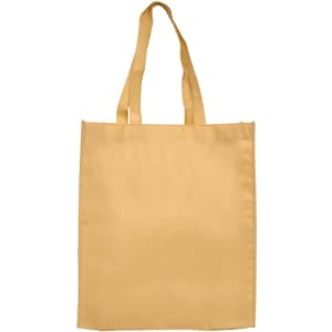 A large yellow shopping tote bag with a gusset and shoulder straps. It has a plain design and a logo.