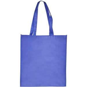 A large blue shopping tote bag with a gusset and long handles, featuring a logo on the front.
