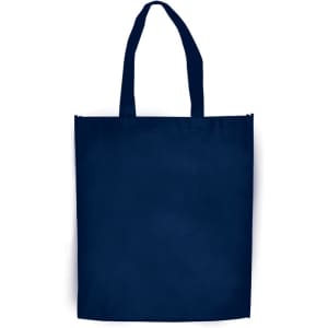 A navy blue large shopping tote bag with a gusset and two handles; features a logo.