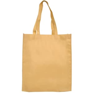 A large yellow shopping tote bag with a gusset and long handles. It features a logo on one side.