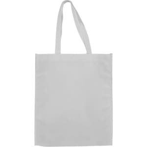 A large white shopping tote bag with gusset and long handles, featuring a logo.
