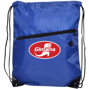 A blue drawstring bag with a zippered pocket and a logo on the front. Black straps are attached for carrying.