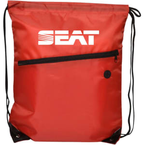 A red drawstring bag with a zippered pocket and a logo on the front.