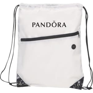 A white drawstring bag with a zippered front pocket and black accents, featuring a logo.
